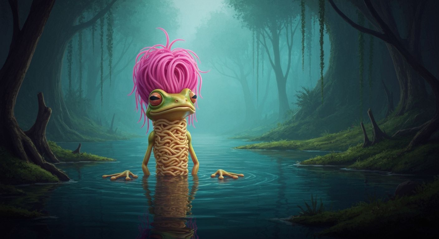 Bizarre Noodle Frog in Swampy Lagoon, Dark Fantasy Art