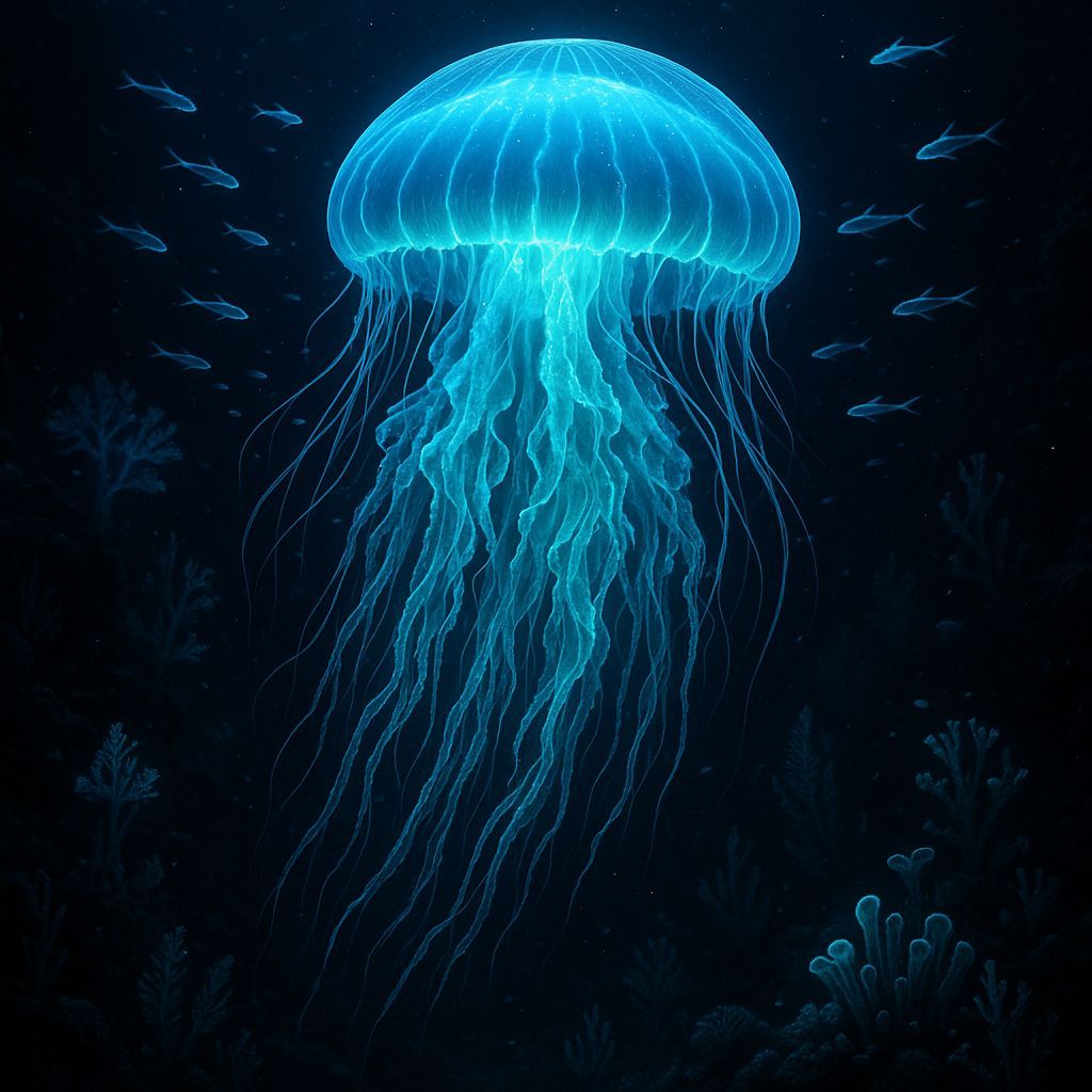 Bioluminescent Jellyfish in Deep-Sea Trench