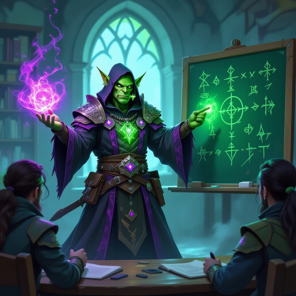 Orc Warlock Teaches Roleplay in Fel Classroom