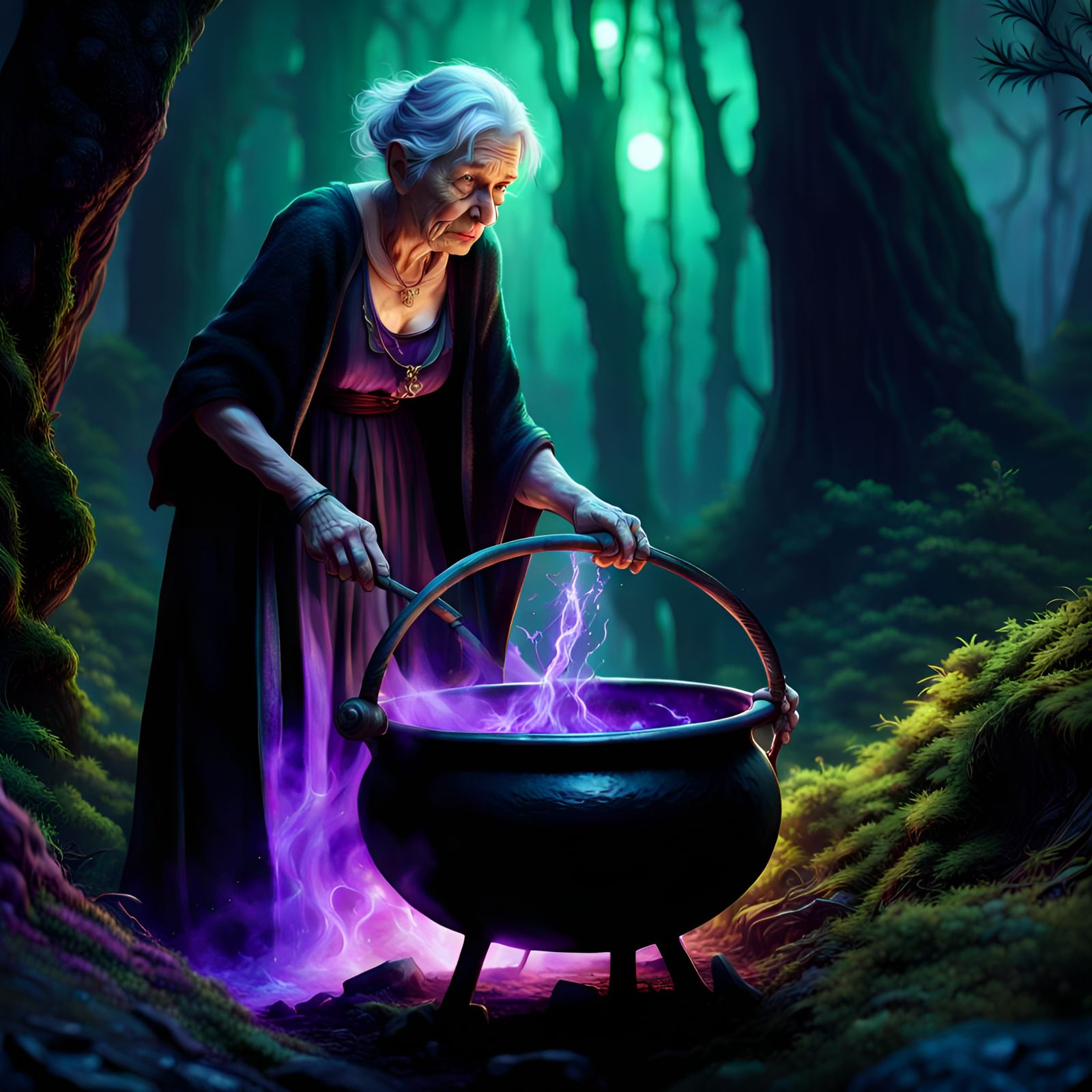 Old Woman in Luminous Forest at Night