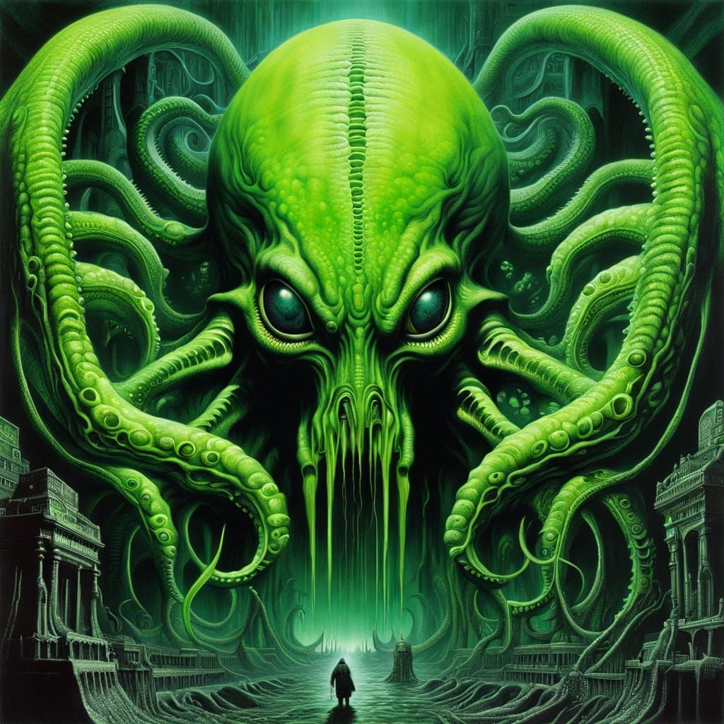 Grotesque, Neon-Green Eye in Dark Surrealism