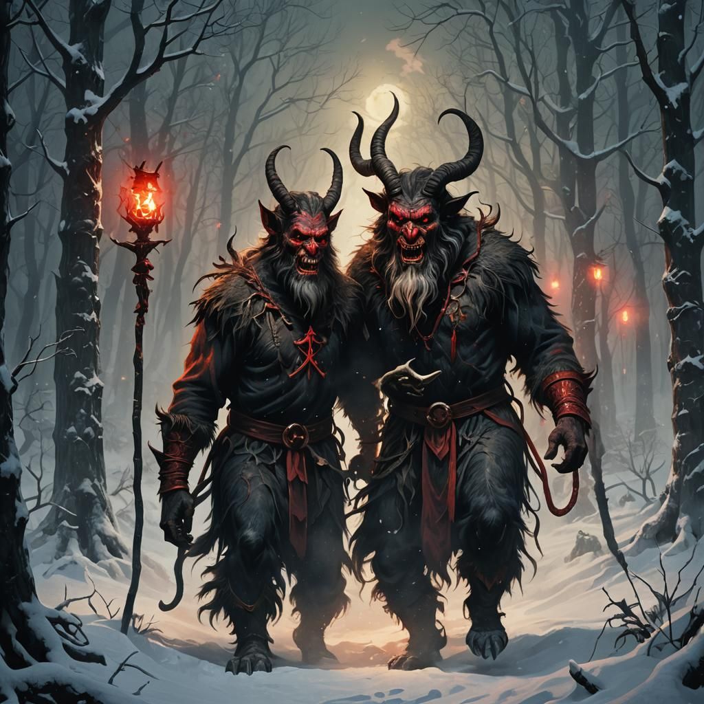 Krampus Emerges in Moonlit Snowscape, in Dark Fantasy Style