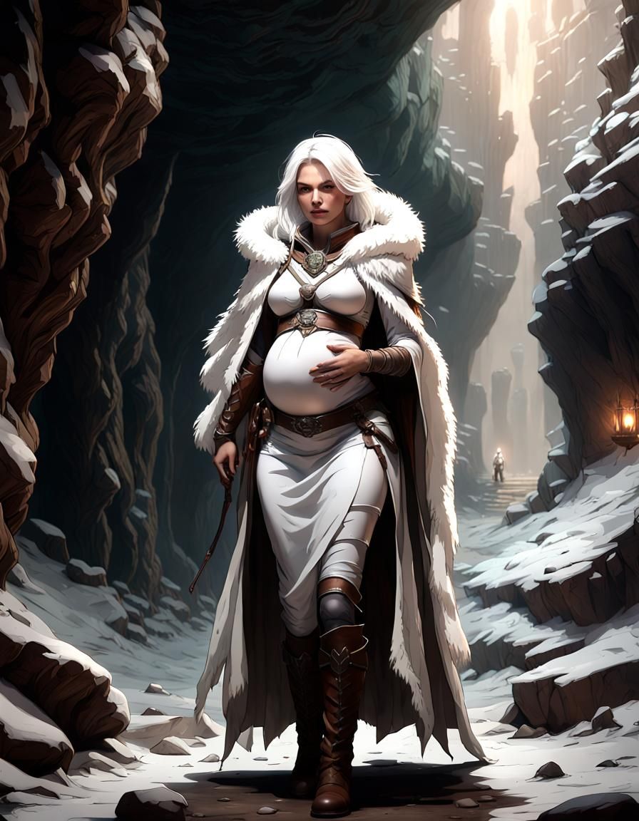Pregnant White-Haired Ranger in Dark Fantasy Art