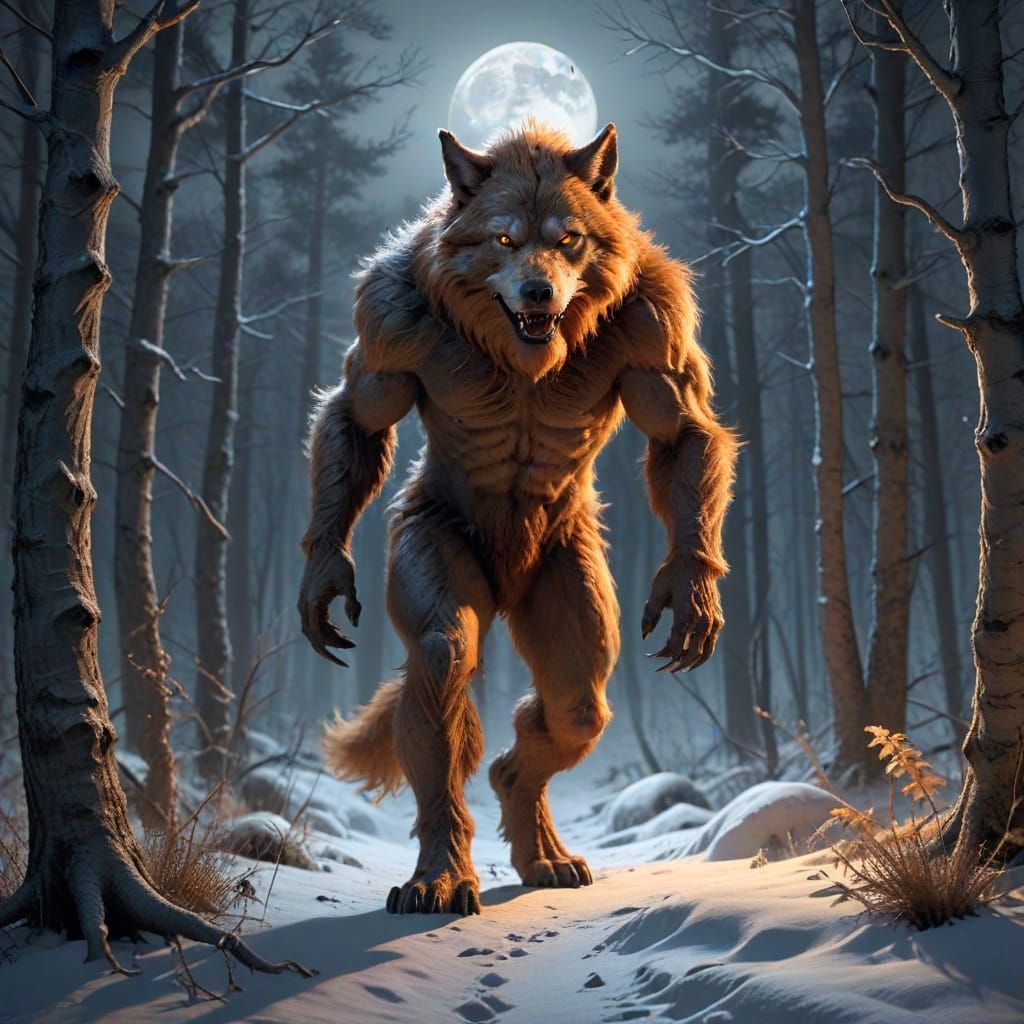 Hyperrealistic Werewolf Stalks Hiker in Winter Forest