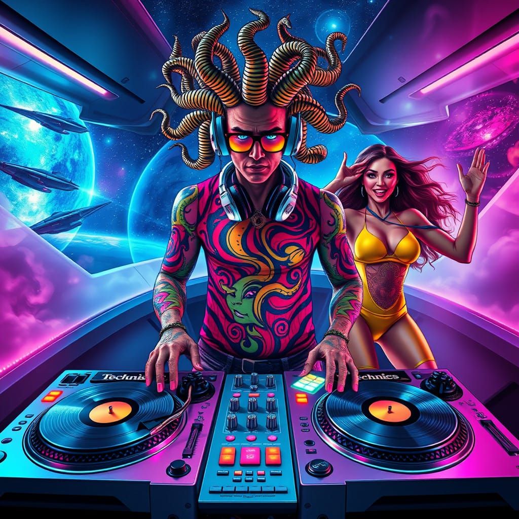 Greek God DJ Medusa Behind Technics Turntables in Futuristic...