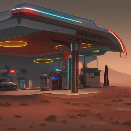 Retro Gas Station on Mars: Detailed Matte Painting