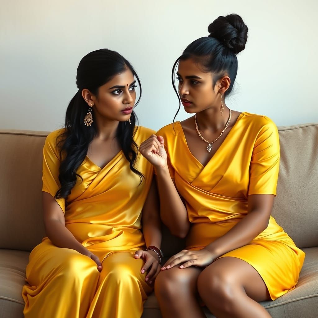 Indian Woman in Yellow Silk Outfit on Sofa