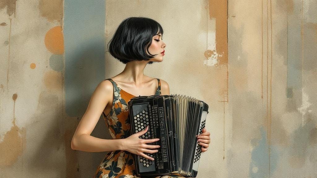 Elegant Woman Accordion Player in Mixed Media Style