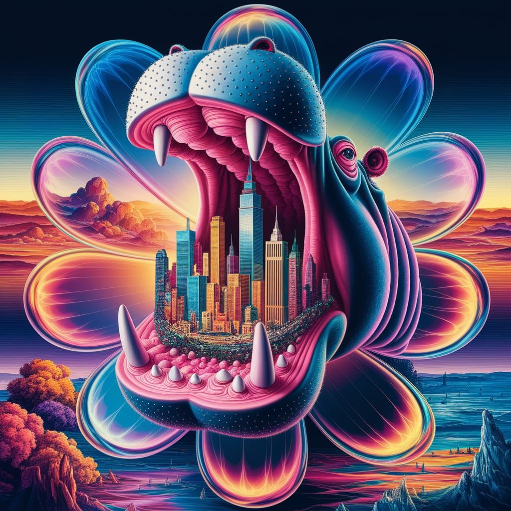 Surreal Cityscape in Hippo Mouth, as Oil Painting