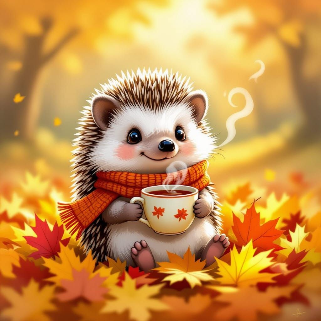 Cute Hedgehog Enjoys Autumn Tea in Children's Book Style