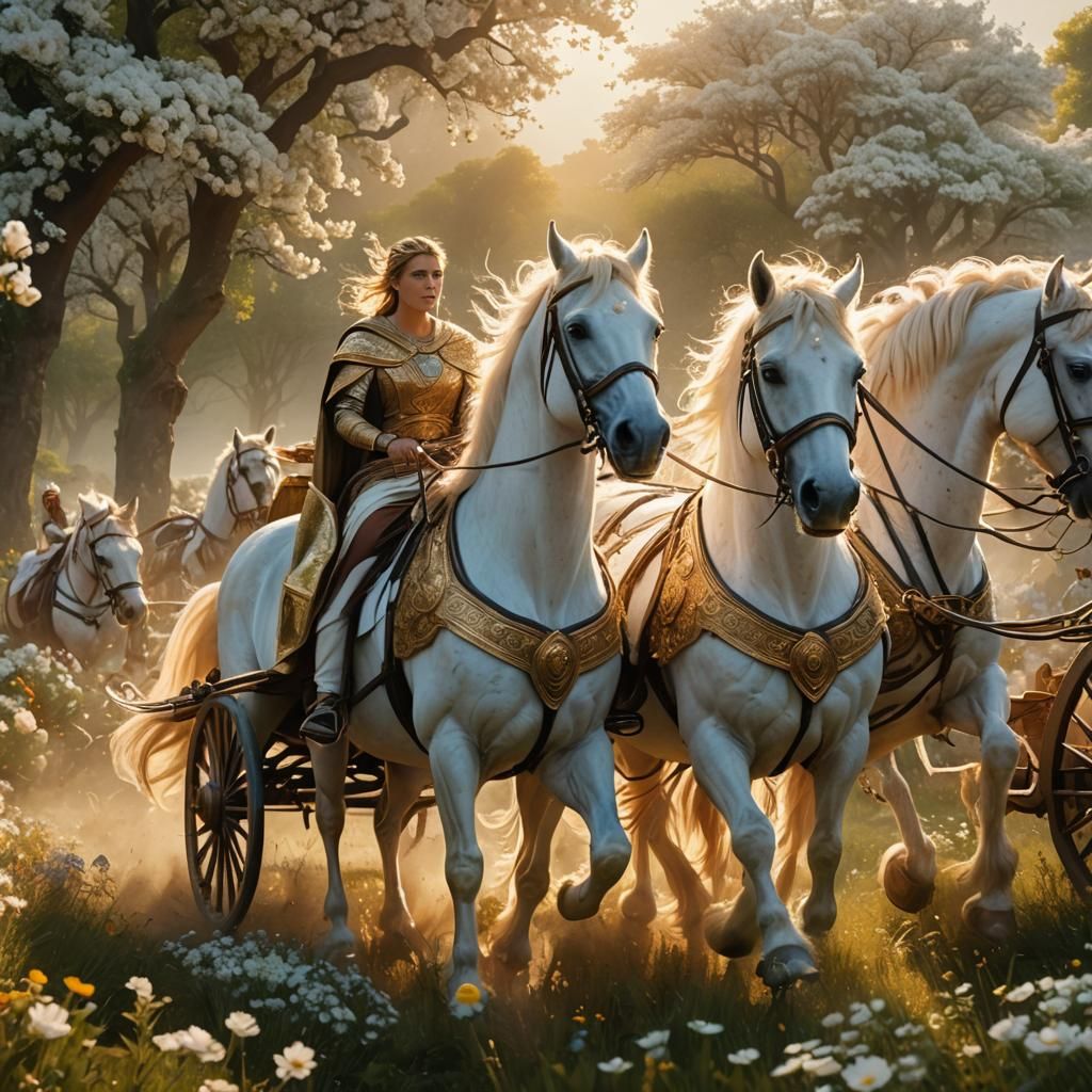 Greek Hero's Chariot Ride Through Lush Fields