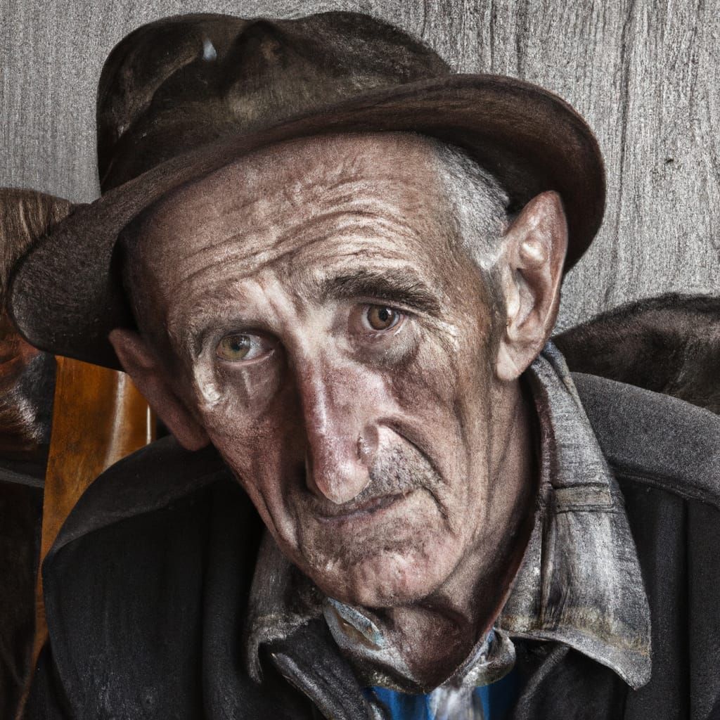 Old man with a hard life wearing a hat, photorealism Sigma 24 mm f/8