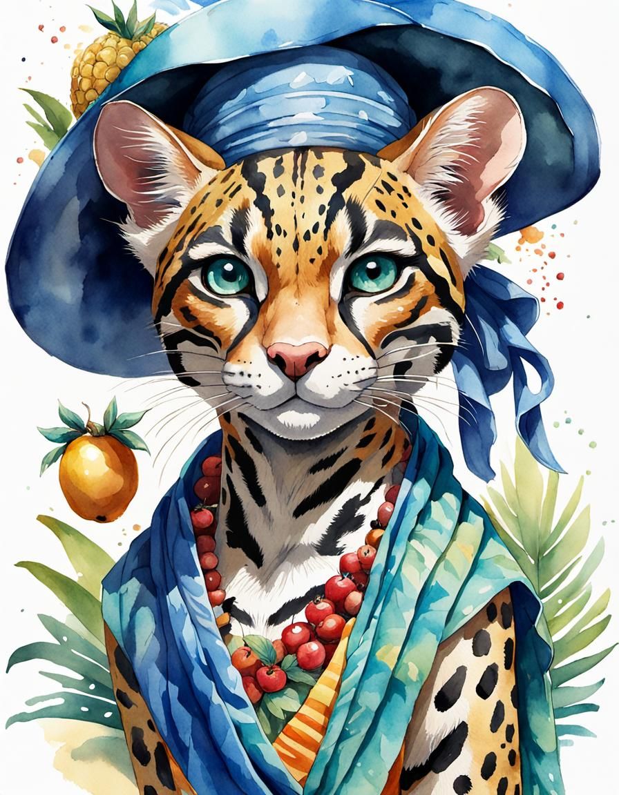 Anthropomorphic Ocelot in Carmen Miranda Style Watercolor