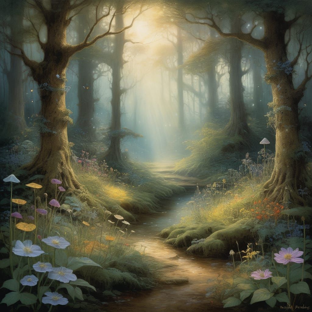 Enchanted Forest Scene in Whimsical Dreamlike Style
