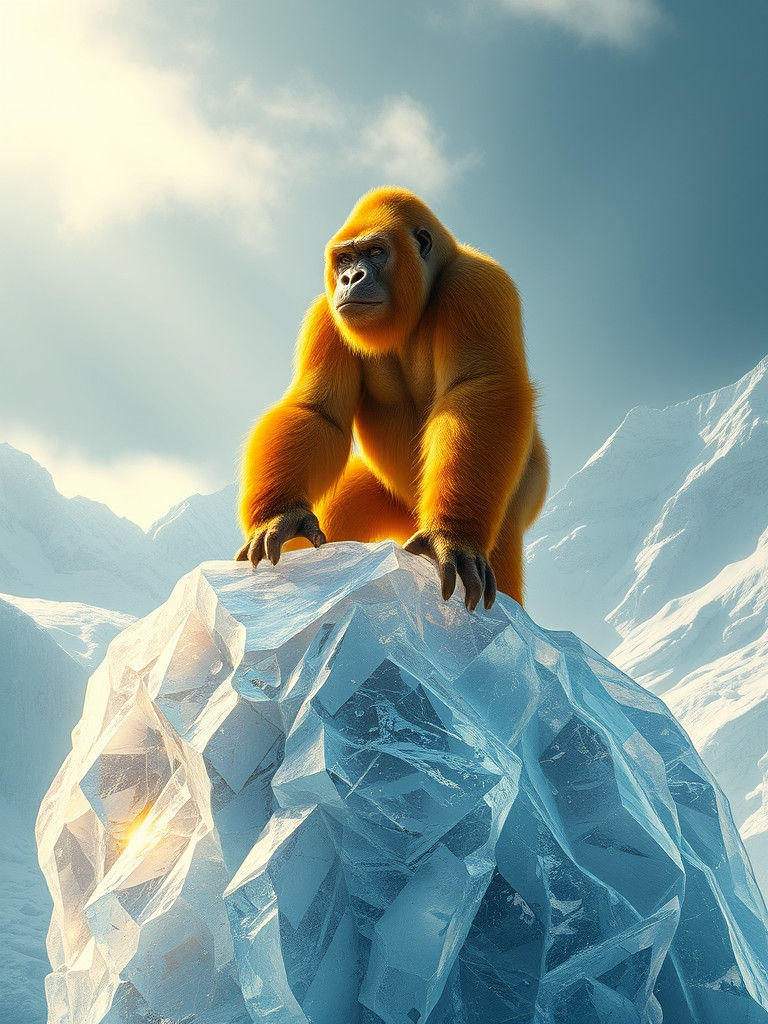 Golden Gorilla on Glacier in Dreamy Light