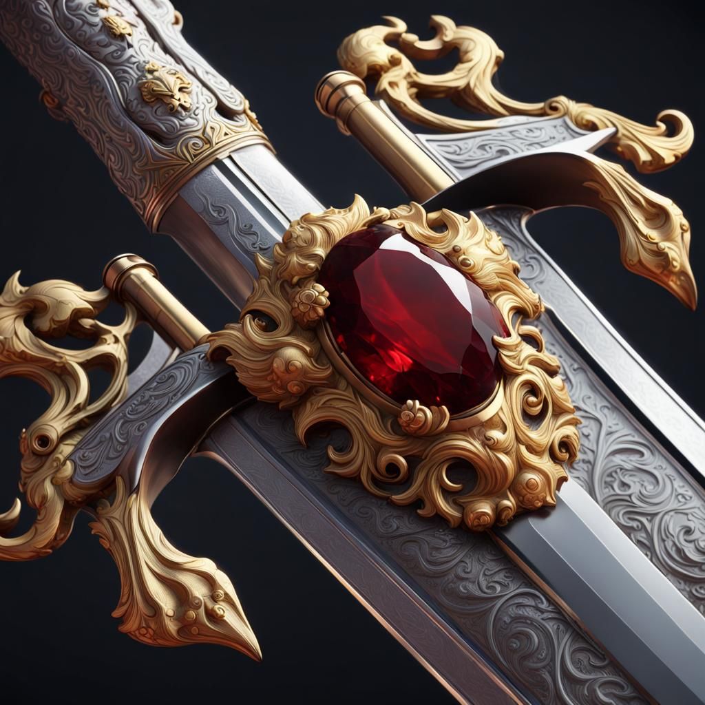 Garnet-Hilted Silver Sword with Lion's Head: Fantasy Art