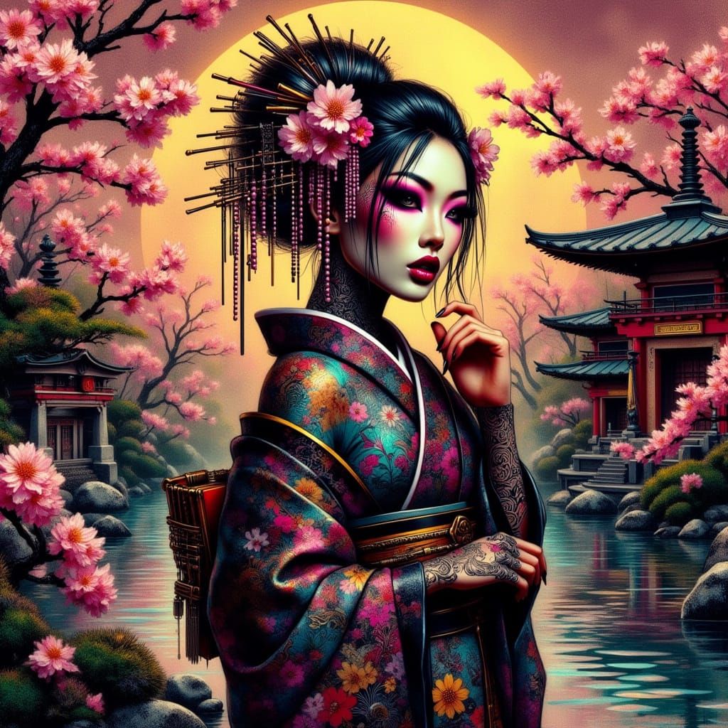 Cyberpunk Geisha in Neonlit Japanese Garden