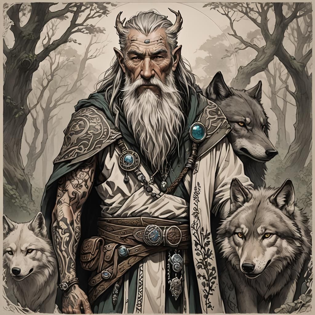Druid with Wolf Familiar and Tattoos