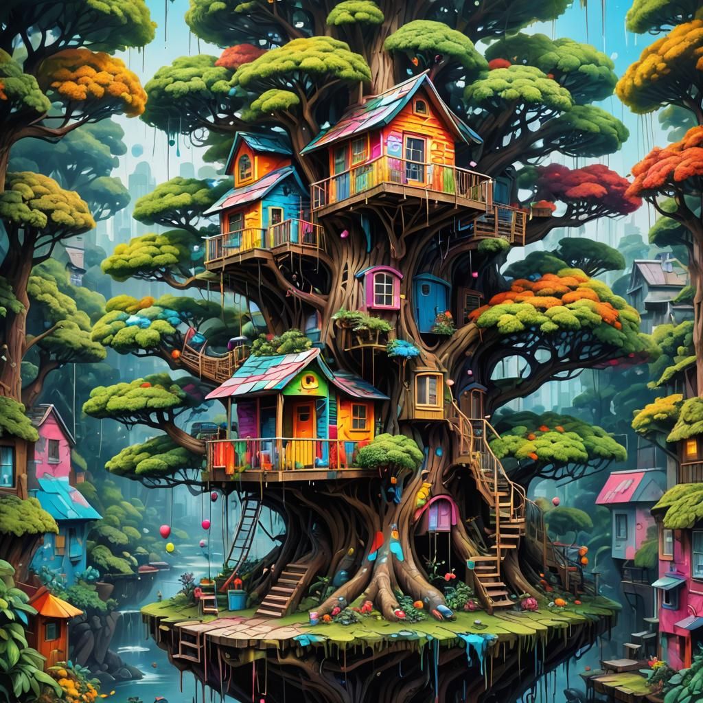 Detailed Graffiti Art of a Small Treehouse
