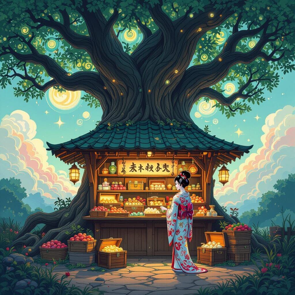 Fantasy Farmstand in Ancient Tree with Geisha