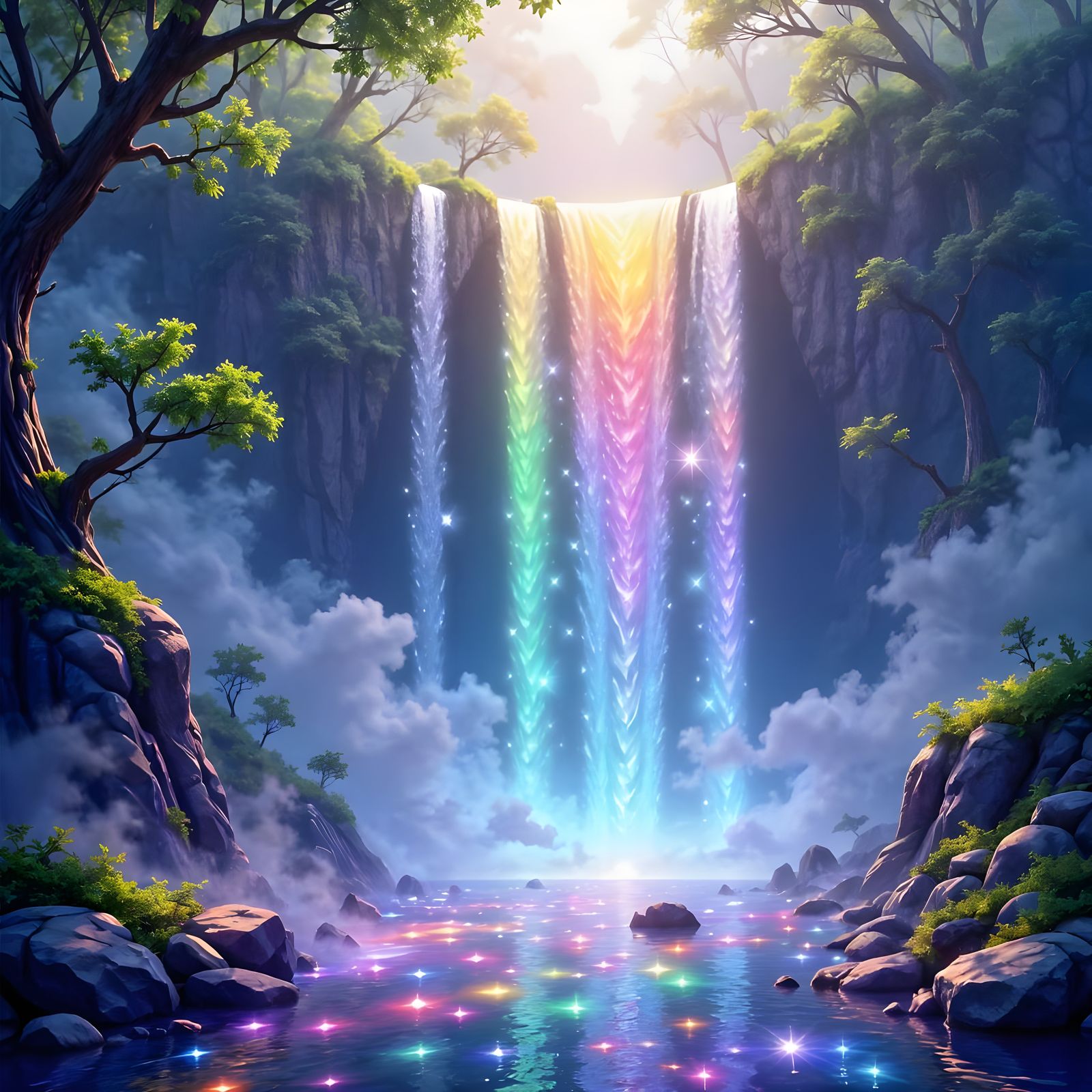 Gemstones Cascade in Misty Rainbow Waterfall