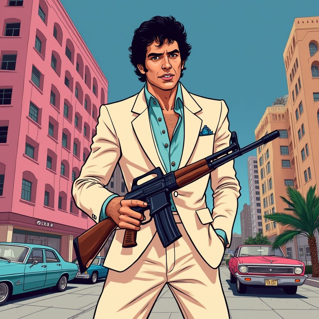 Tony Montana in Vibrant Miami Cityscape, Inspired by 80s Car...
