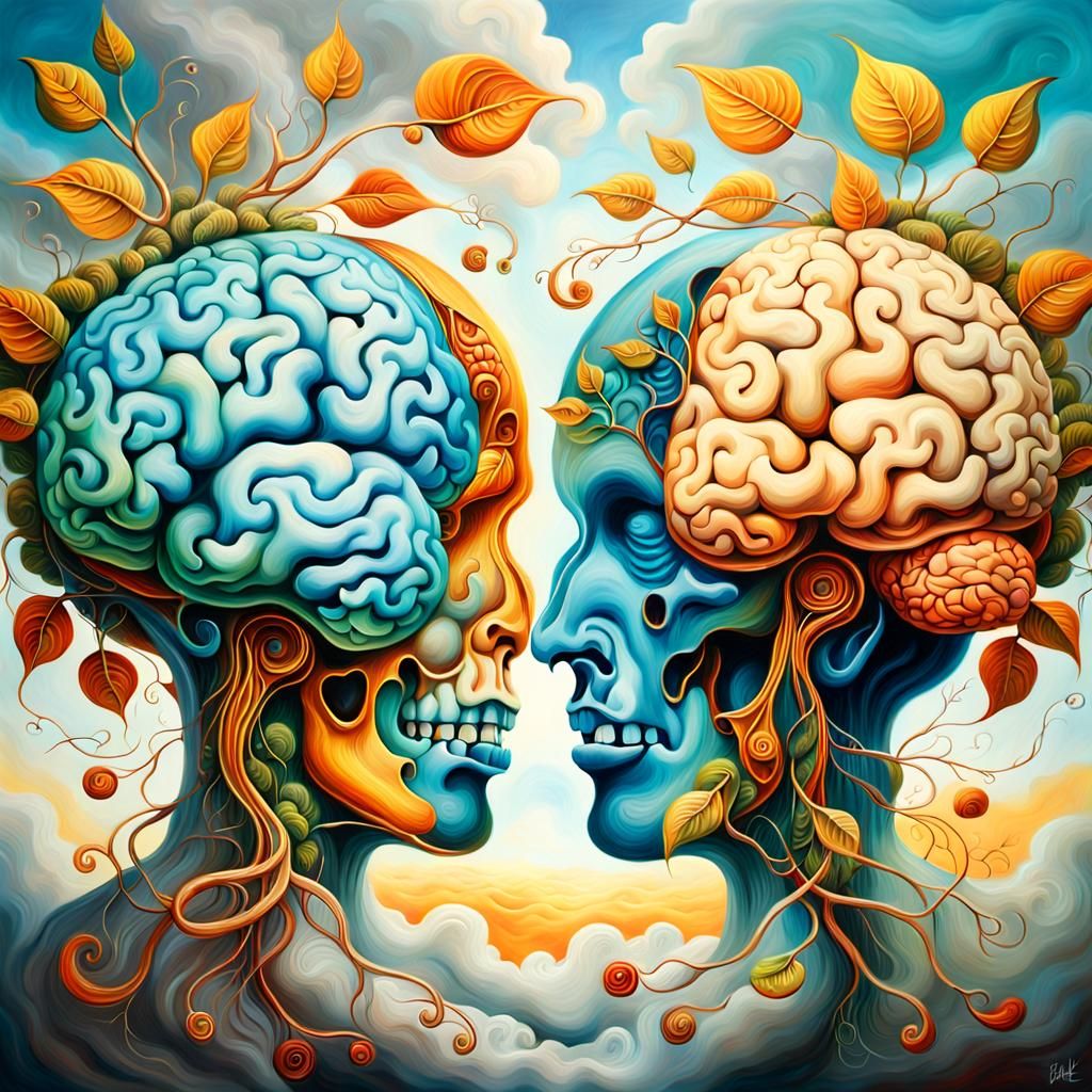 Surreal Brain Hemispheres Unfolding as Oil Painting