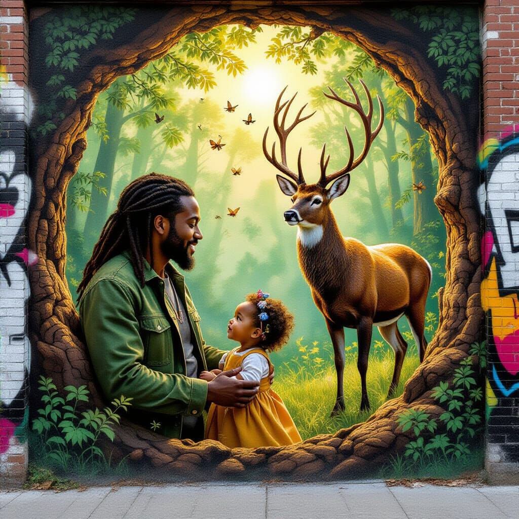 Surreal Forest Mural: Man, Child, and Spirit Deer Embrace