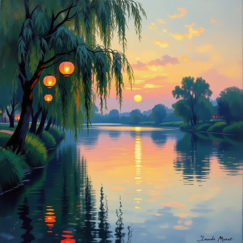 Serene River at Dusk with Floating Lanterns