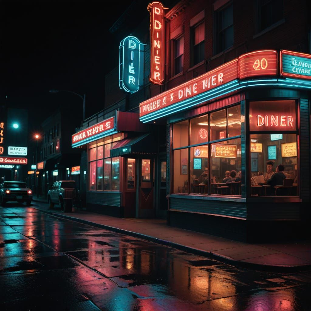 Neon Theater Marquee Through Diner Window: Hand-Drawn Digita...