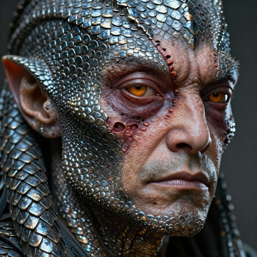 Rugged Cyborg Portrait with Human Skin and Titanium