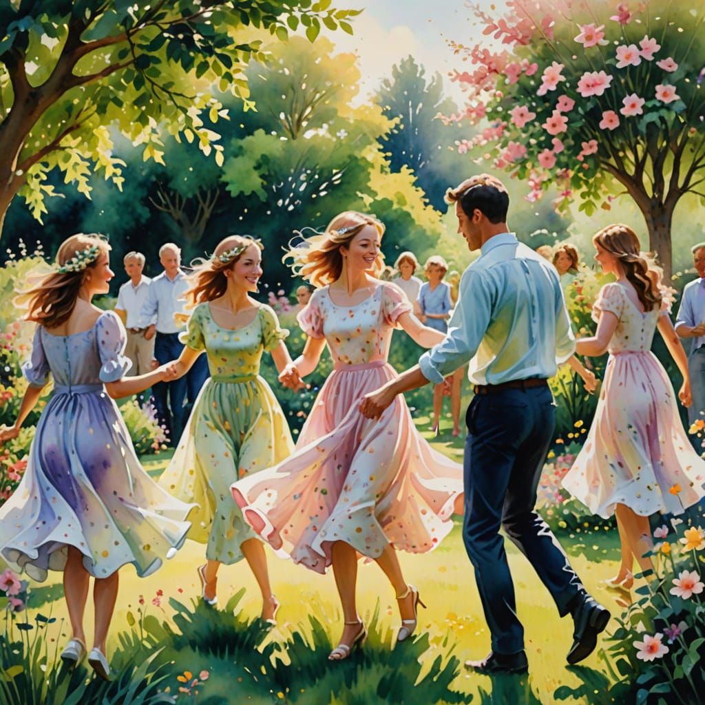 People Dancing in Garden Watercolour Painting