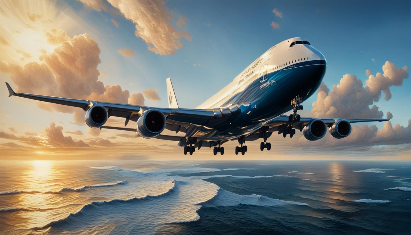 Boeing 747 Over Ocean in Hyper-Realistic Oil Painting