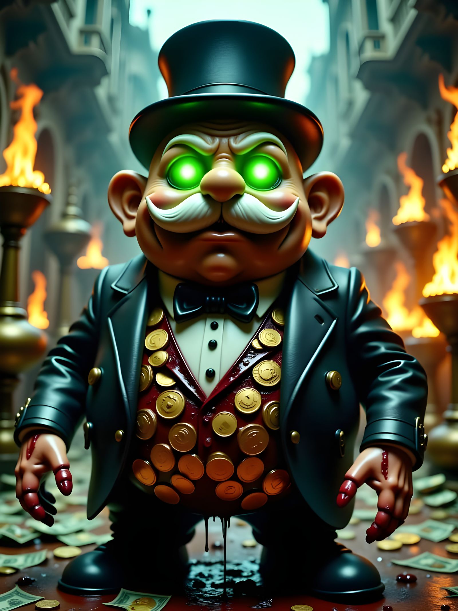 Grotesque Monopoly Mascot Embodies Corruption and Decay