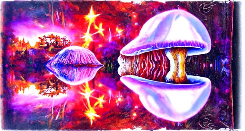 Fantasy Mushroom Book Realm in Cosmic Oil Painting Style