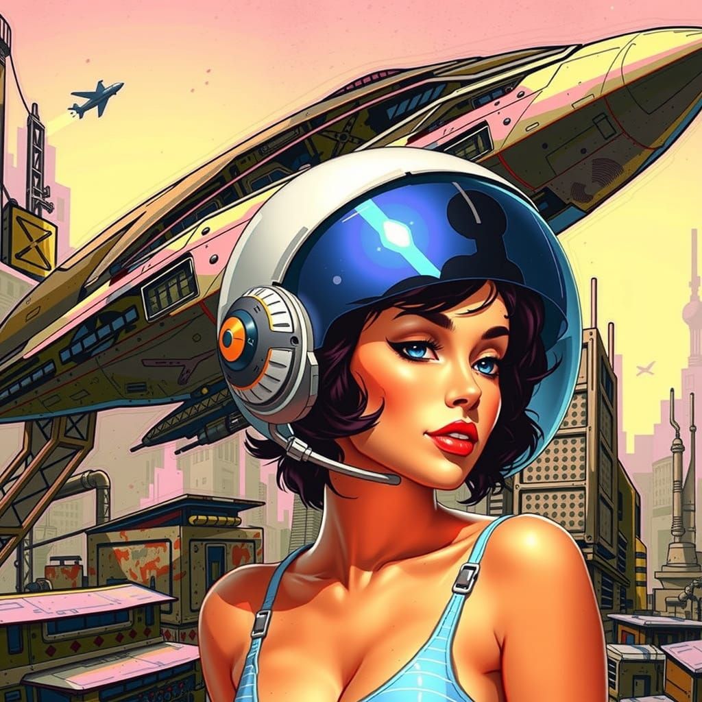 Cyberpunk Space Explorer in Neon-Lit Rocketship Landscape