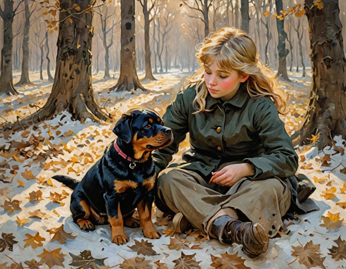 Girl and Puppy in Forest Clearing, Impressionist Oil Paintin...