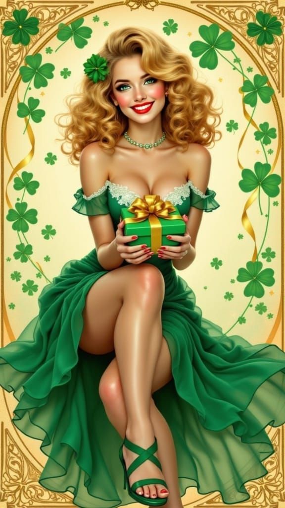 Elegant Whimsy: St. Patrick's Day Pin-Up in Art Nouveau Styl...