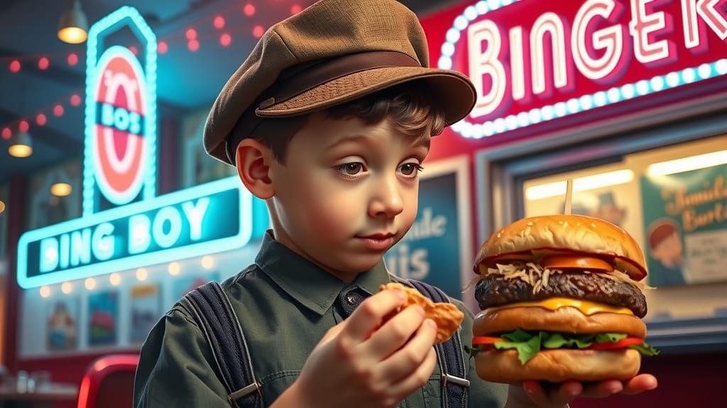 Boy and Hamburger in Nostalgic Diner Scene