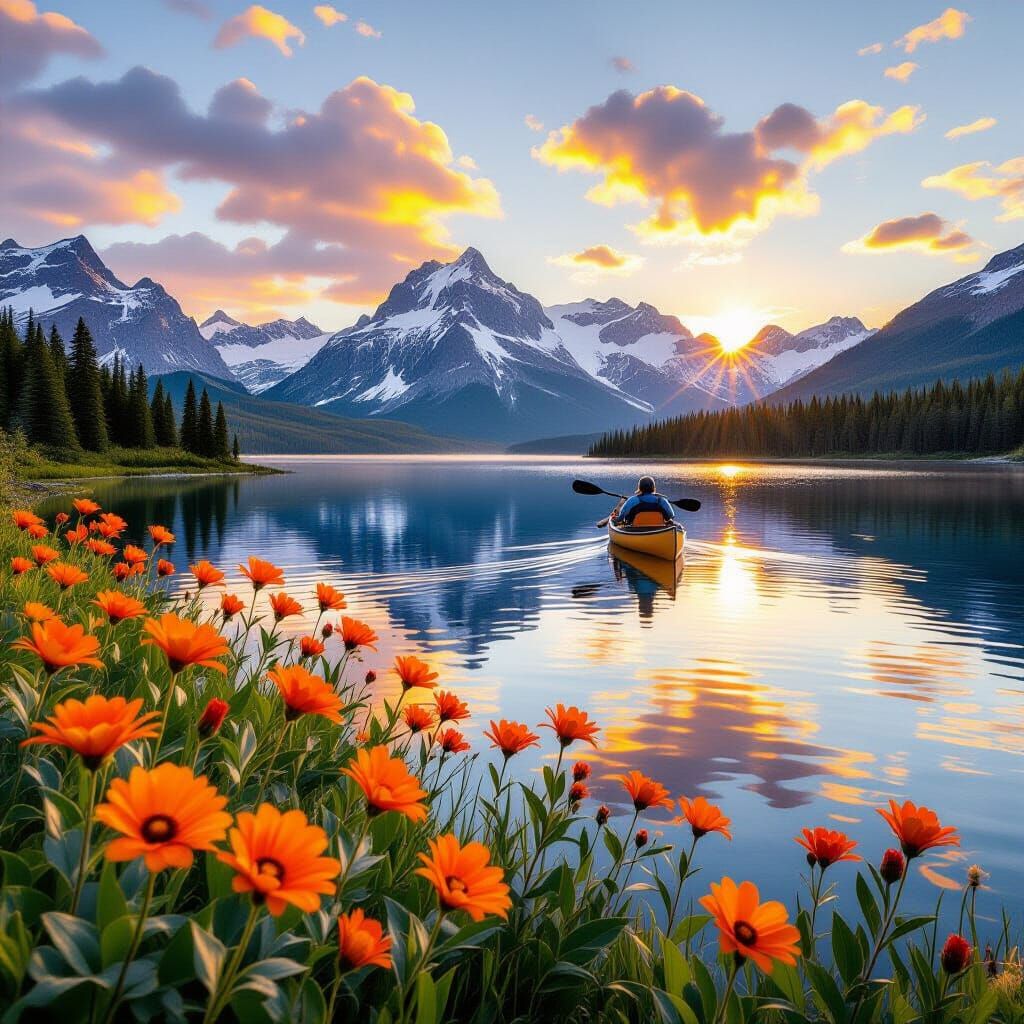 Orange Wildflowers, Lake and Mountain Landscape