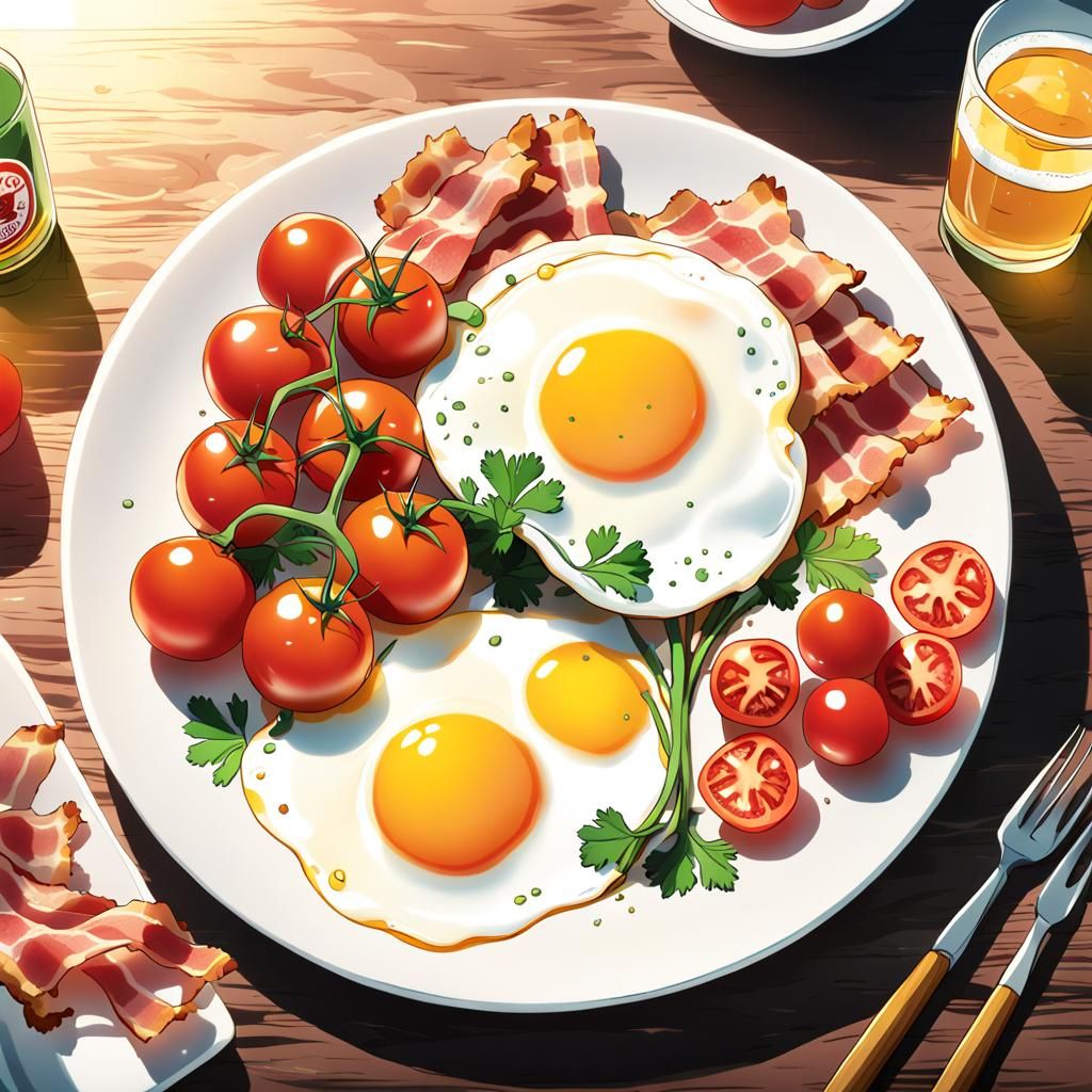Fried Egg Breakfast in Anime Manga Style