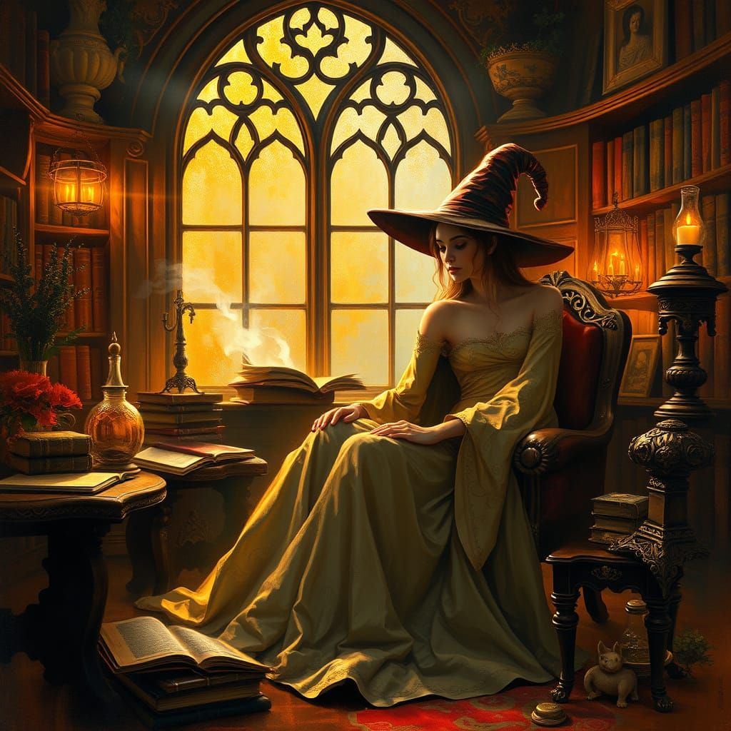 Whimsical Witch in Golden Study