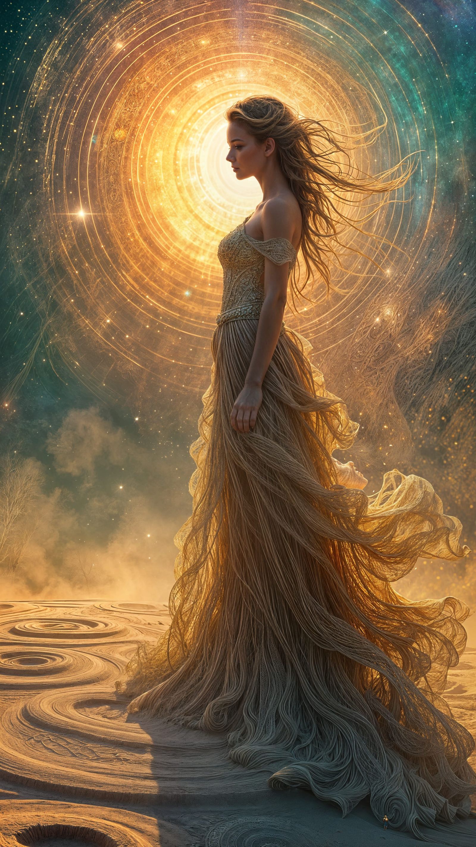 Mystical Sandwoman Weaving Fractals in Dreamlike World