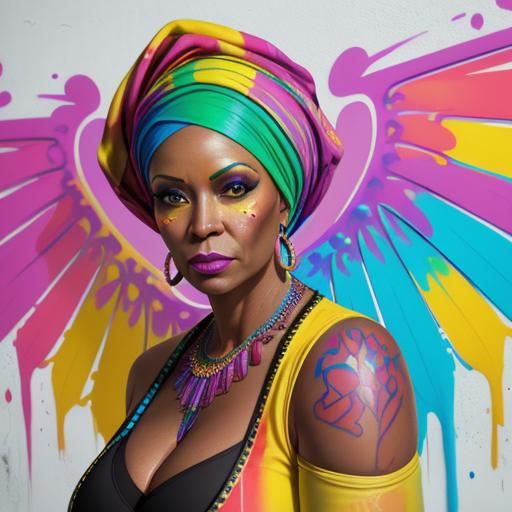 Curvy mature American woman, in colourful West Indian clothe...