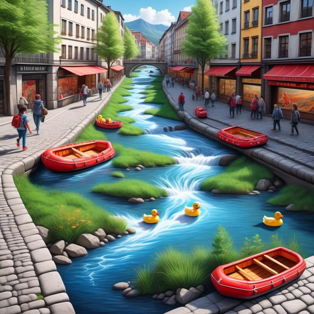 Street painting scene in a pedestrian zone: a 3D riverbed winds through the cobblestone pavement, in the river you can s...