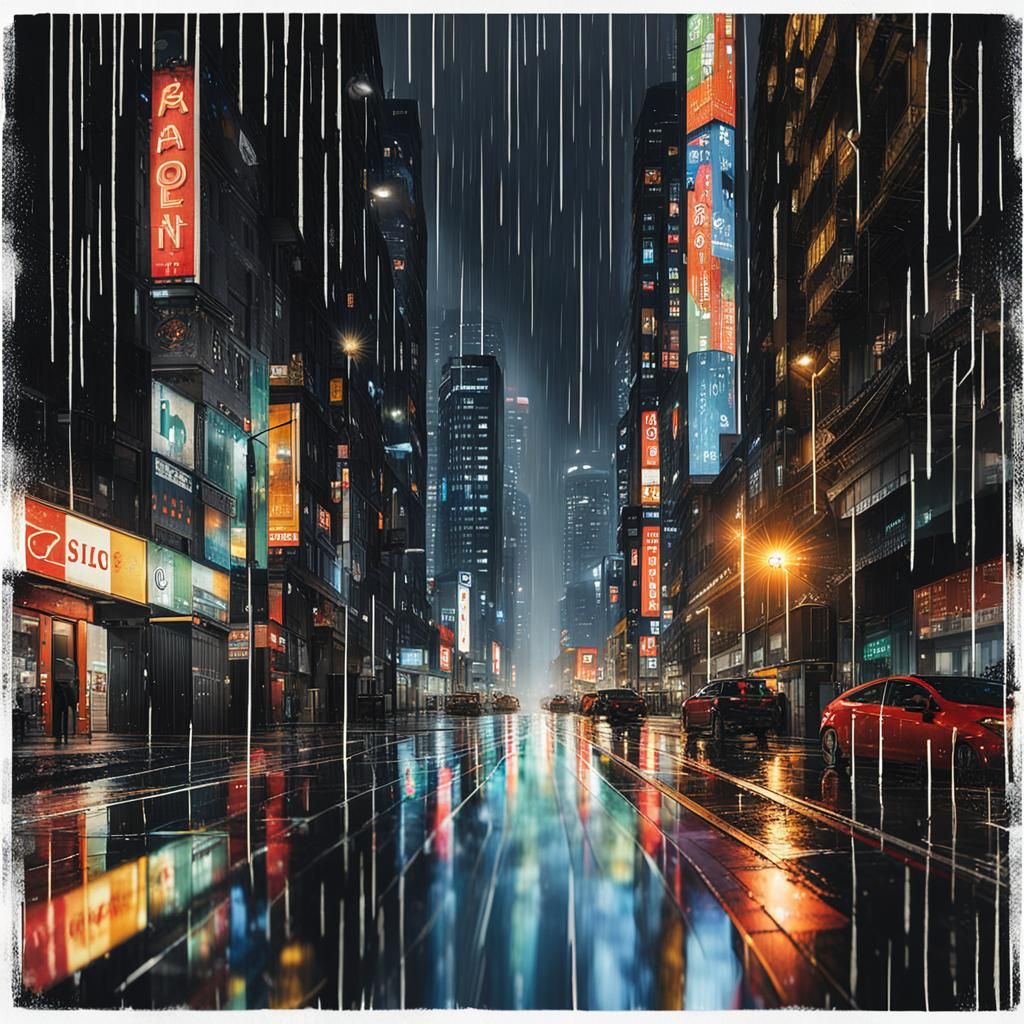 Rainy Night Cityscape: Cyberpunk Reflections