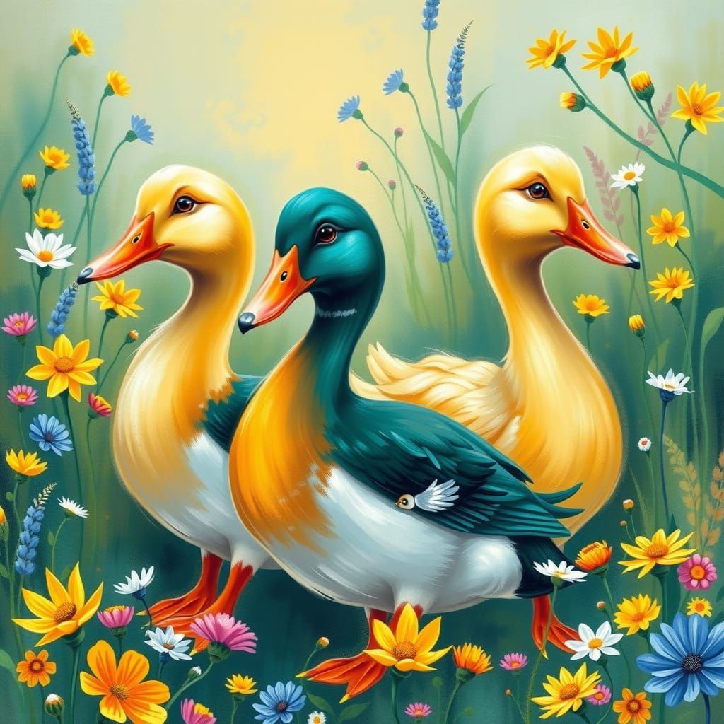 Vibrant Trio of Ducks in a Lush Impressionist Meadow