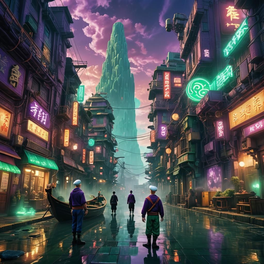 Saitama and Popeye in Fantasy City, Sci-Fi Matte Painting