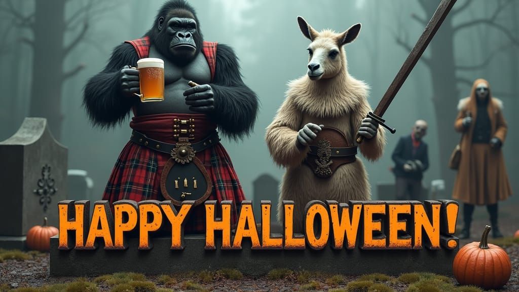 Halloween Party with Gorilla and Llama in Cemetery