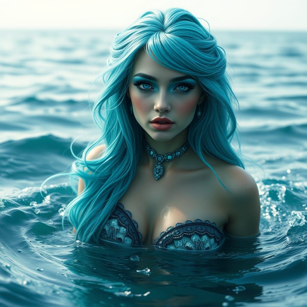 Turquoise-Haired Siren in Haunting Sea Scene